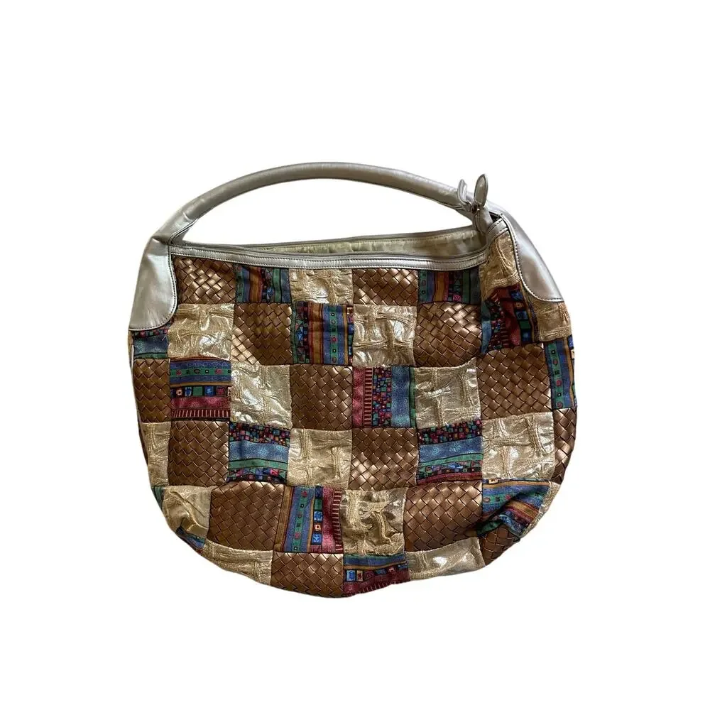 Vintage Zen Patchwork Hobo Bag – Metallic Silver Strap